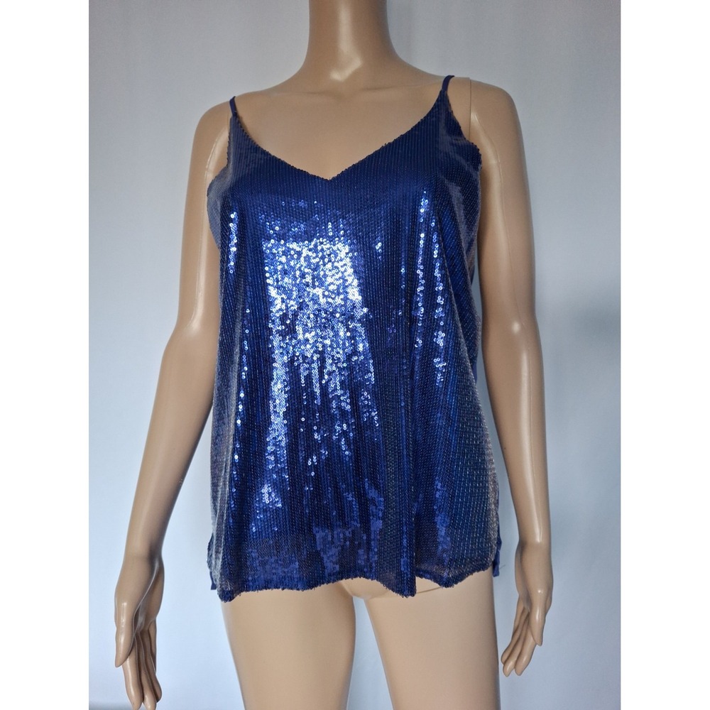 shinestar Women's Navy Blue Sequin Spaghetti Strap Camisole Top Sparkly size S